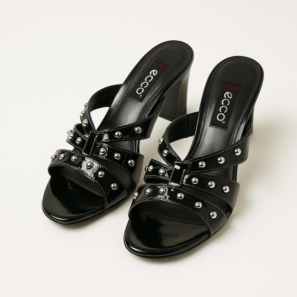 ECCO Black Patent‎ Leather Silver Stud Mules Edgy Grunge Y2K Size 37